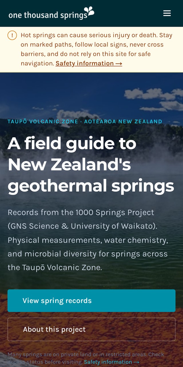 The rebuilt 1000 Springs site on a phone: a full-width spring photo, clear headline, tidy safety banner and legible buttons
