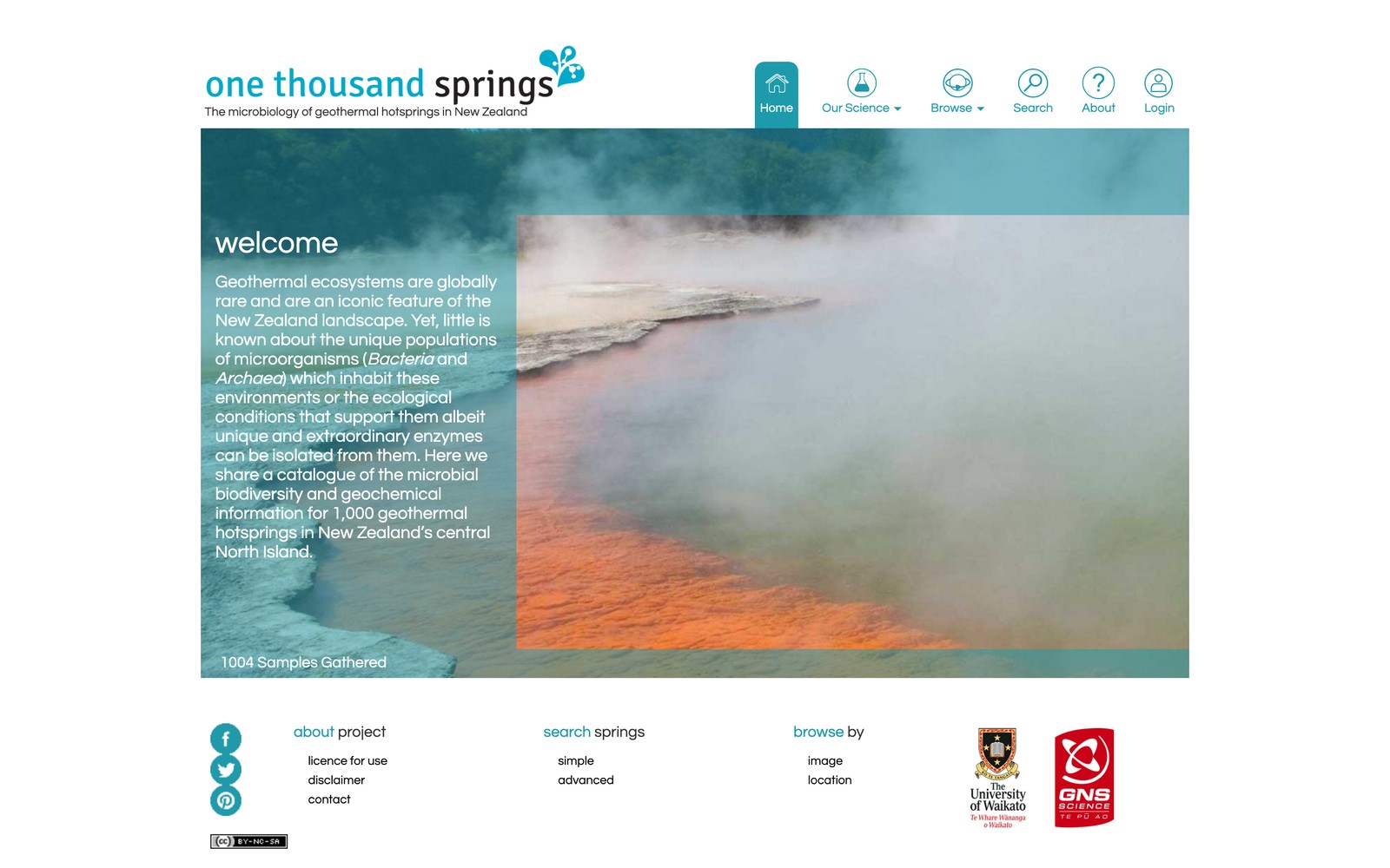 The original 1000 Springs homepage: a desktop-era layout with icon navigation and low-contrast text over a dark photo
