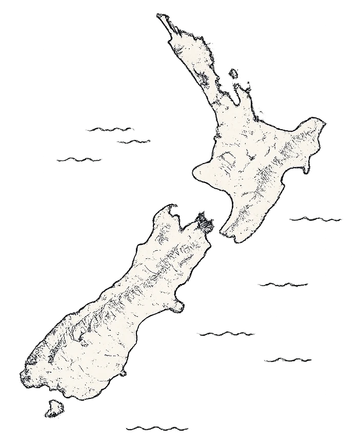 A hand-drawn map of New Zealand, with the Ripple ring marking Christchurch, where Ripple is based