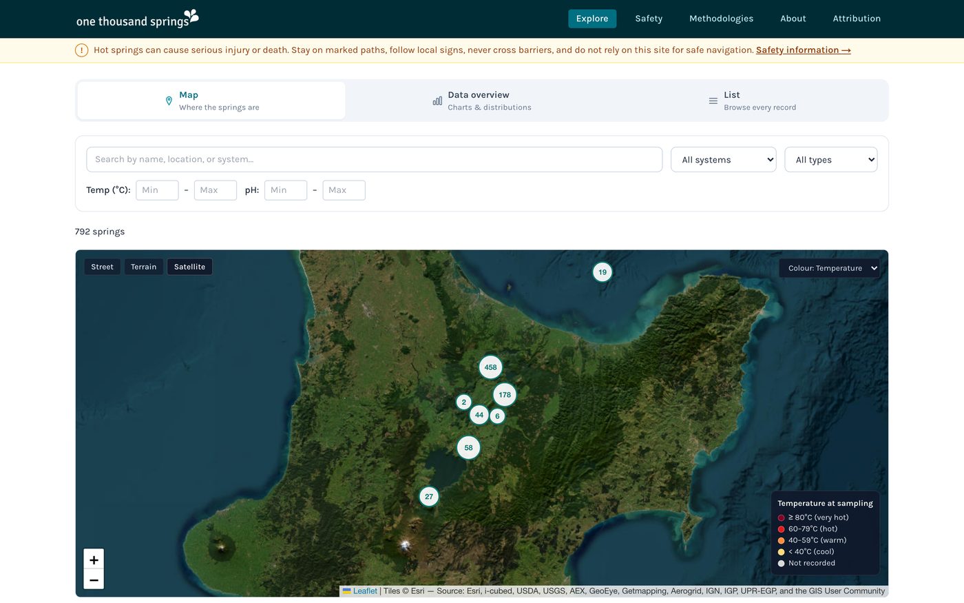 The explorer's map view: springs clustered over satellite imagery of the central North Island, with search, system and temperature filters above.