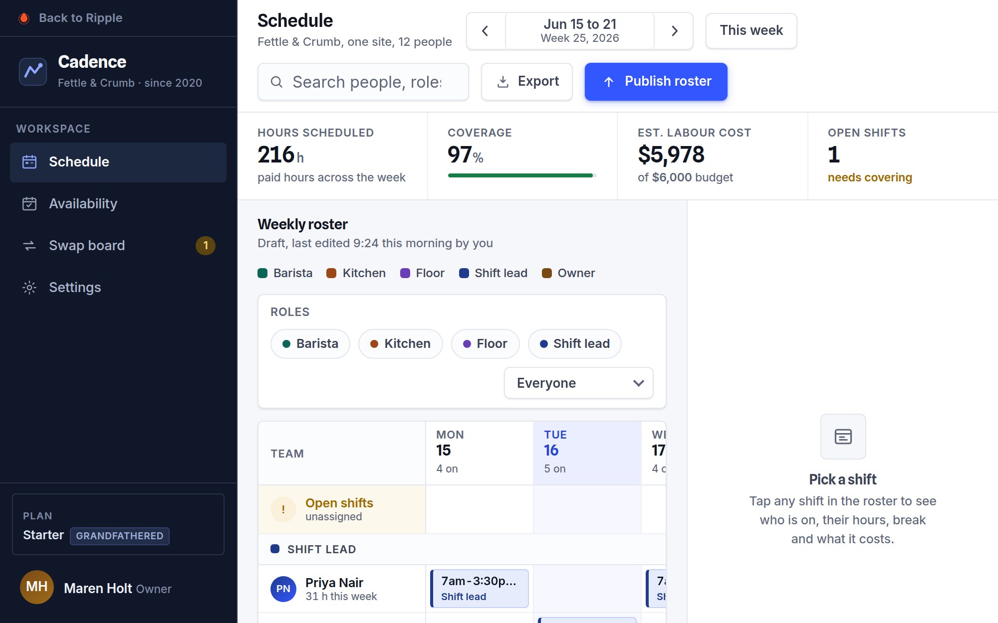 The Cadence staff scheduling web app concept by Ripple